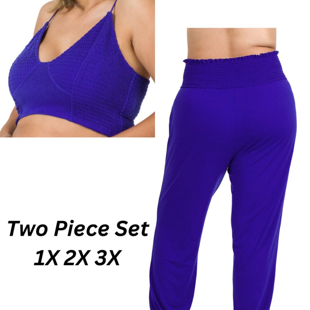 Zenana Plus Size Smocked Lounge Jogger Set – Bright Blue